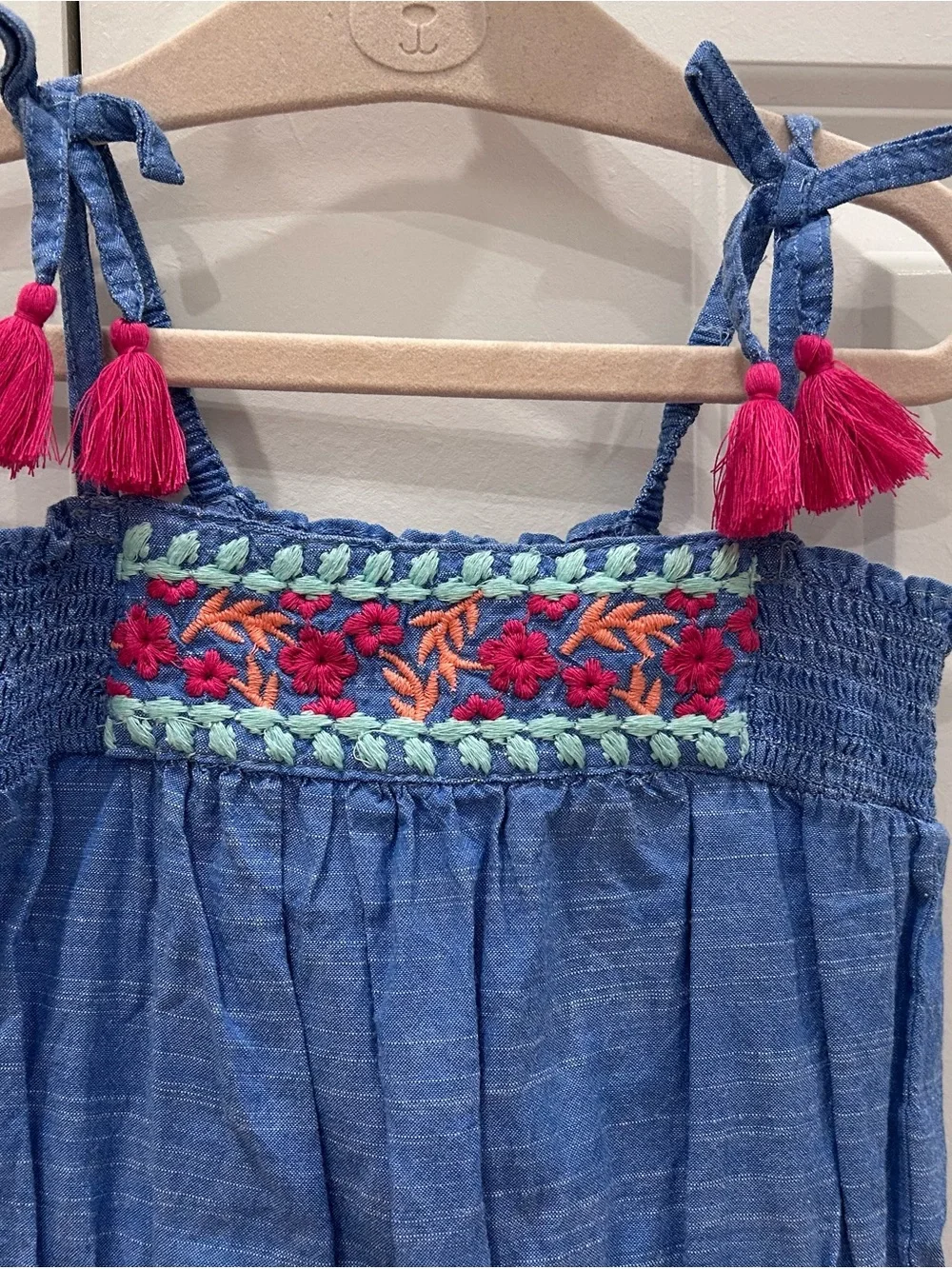 Hatley Girls Flower Embroidered Jumpsuit with Pink Tassels